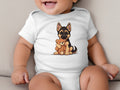 White baby bodysuit with a cartoon German Shepherd holding a teddy bear.
