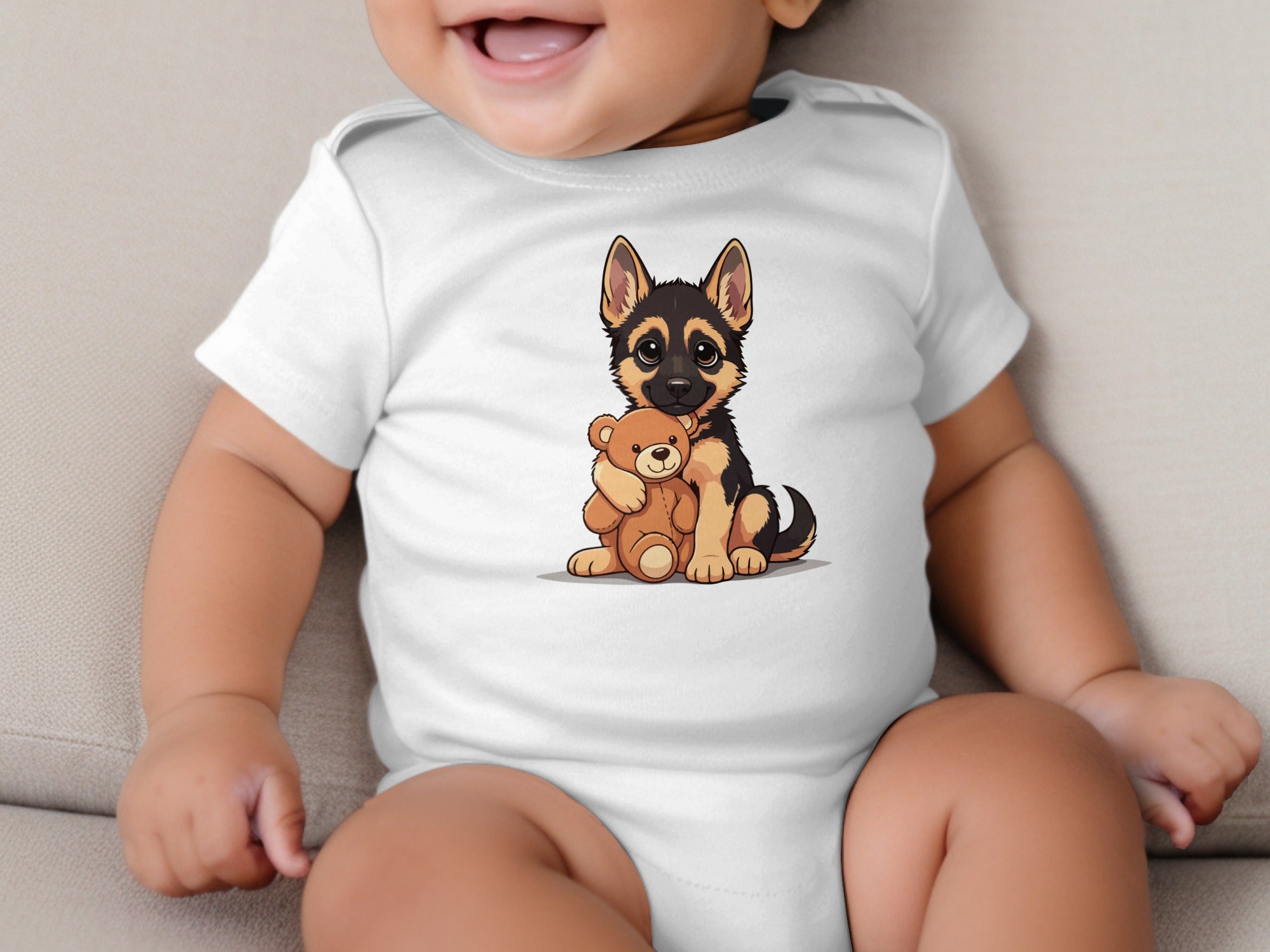 White baby bodysuit with a cartoon German Shepherd holding a teddy bear.