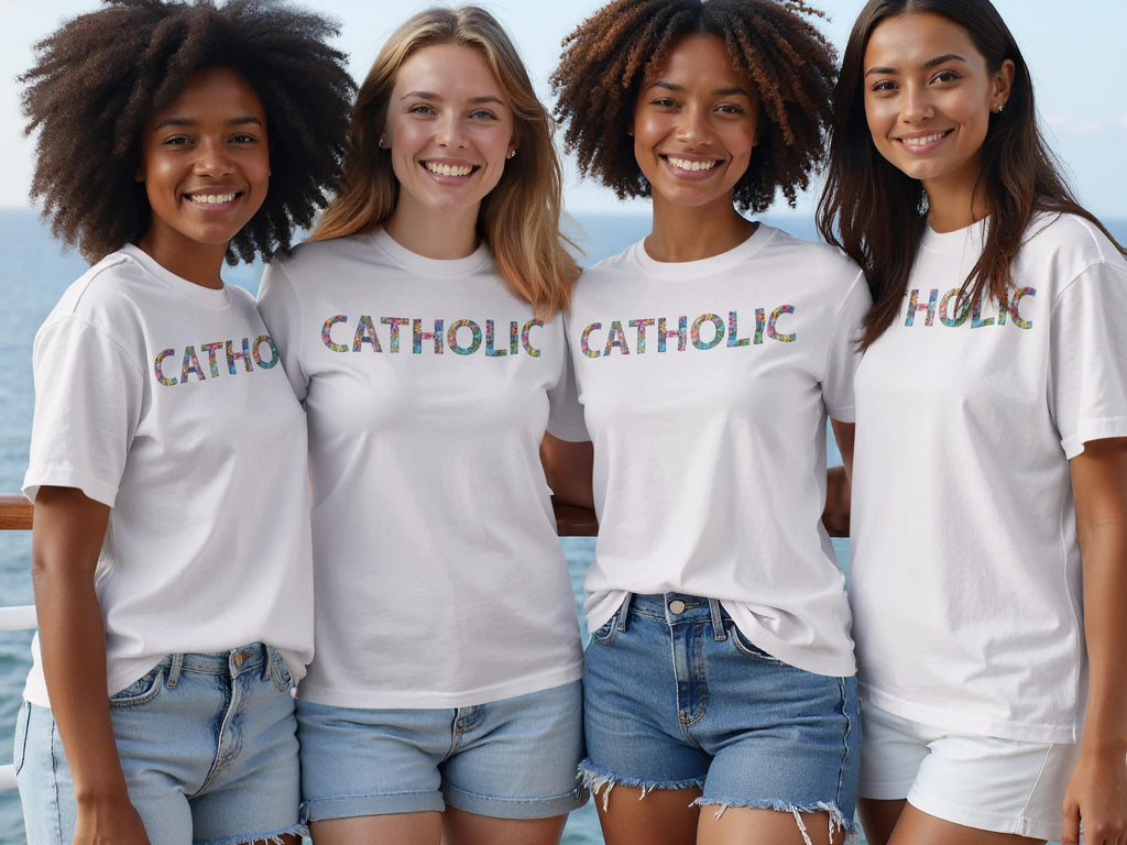 Four smiling women wear white t-shirts with the word "Catholic" in colorful floral letters.