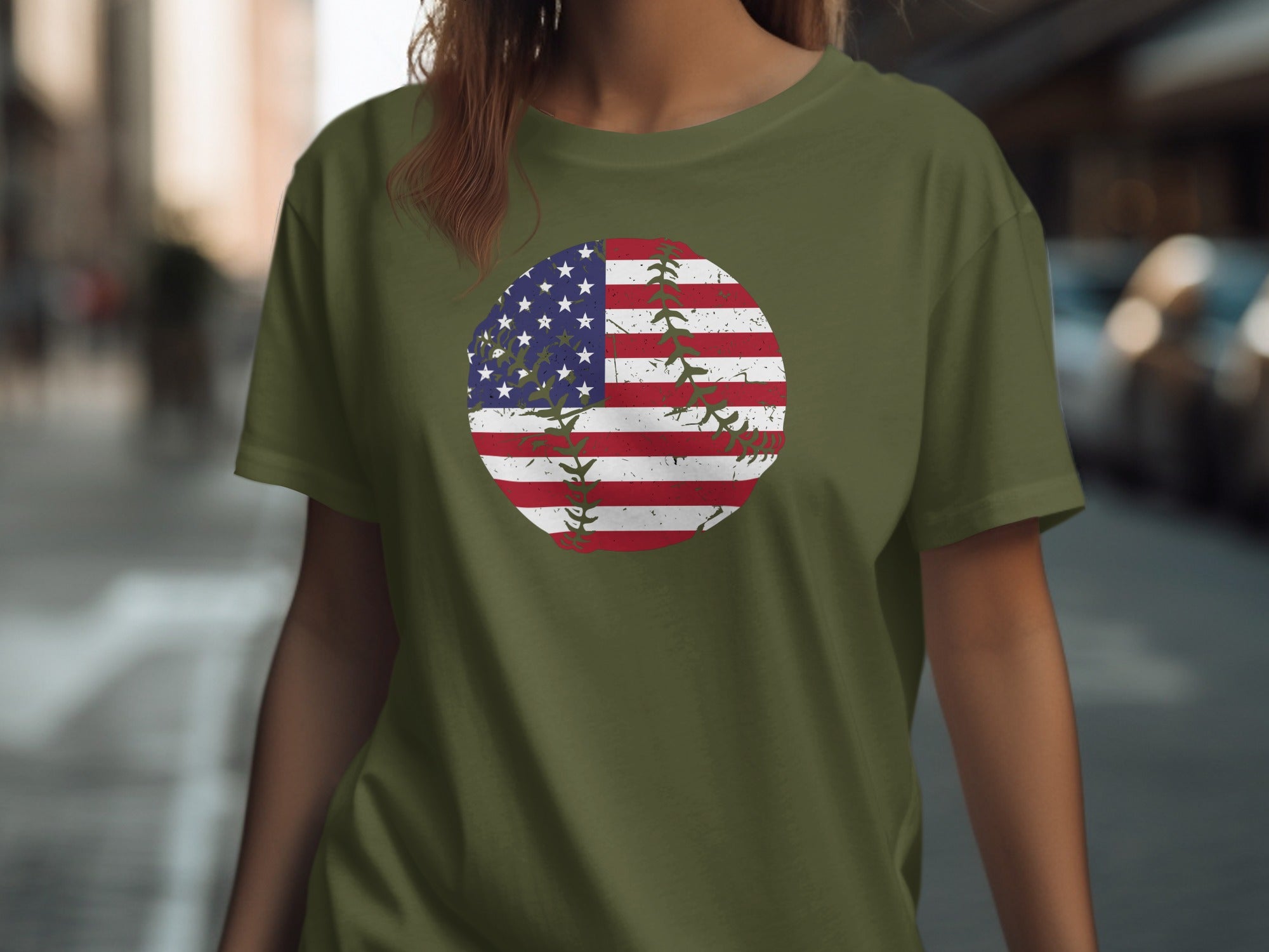 Olive green t-shirt with a distressed American flag baseball graphic.
