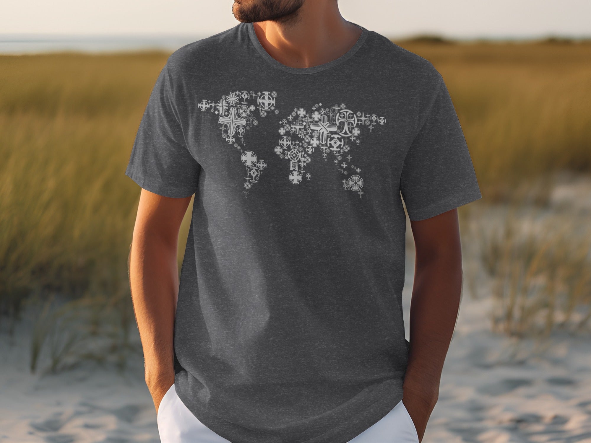Dark gray t-shirt with a white world map made of various cross symbols.