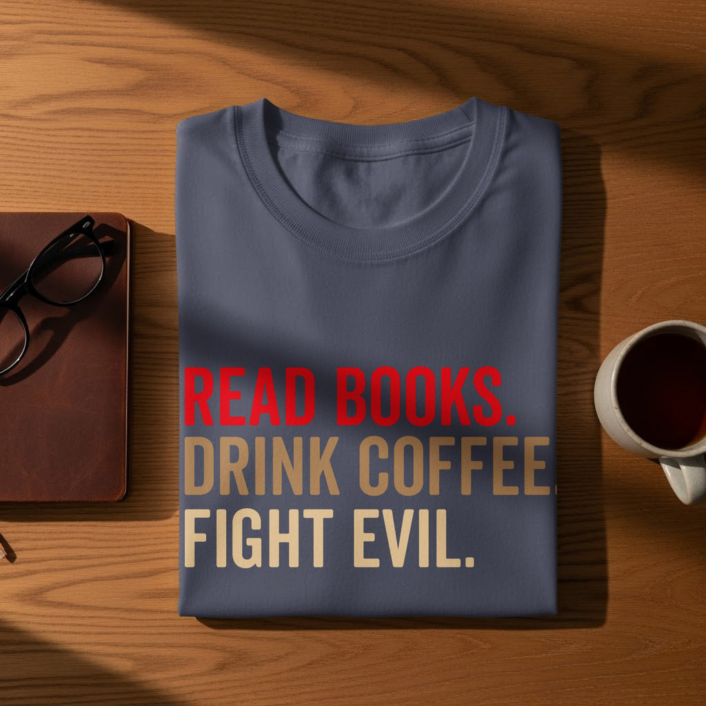 Navy t-shirt with "READ BOOKS. DRINK COFFEE. FIGHT EVIL." text.