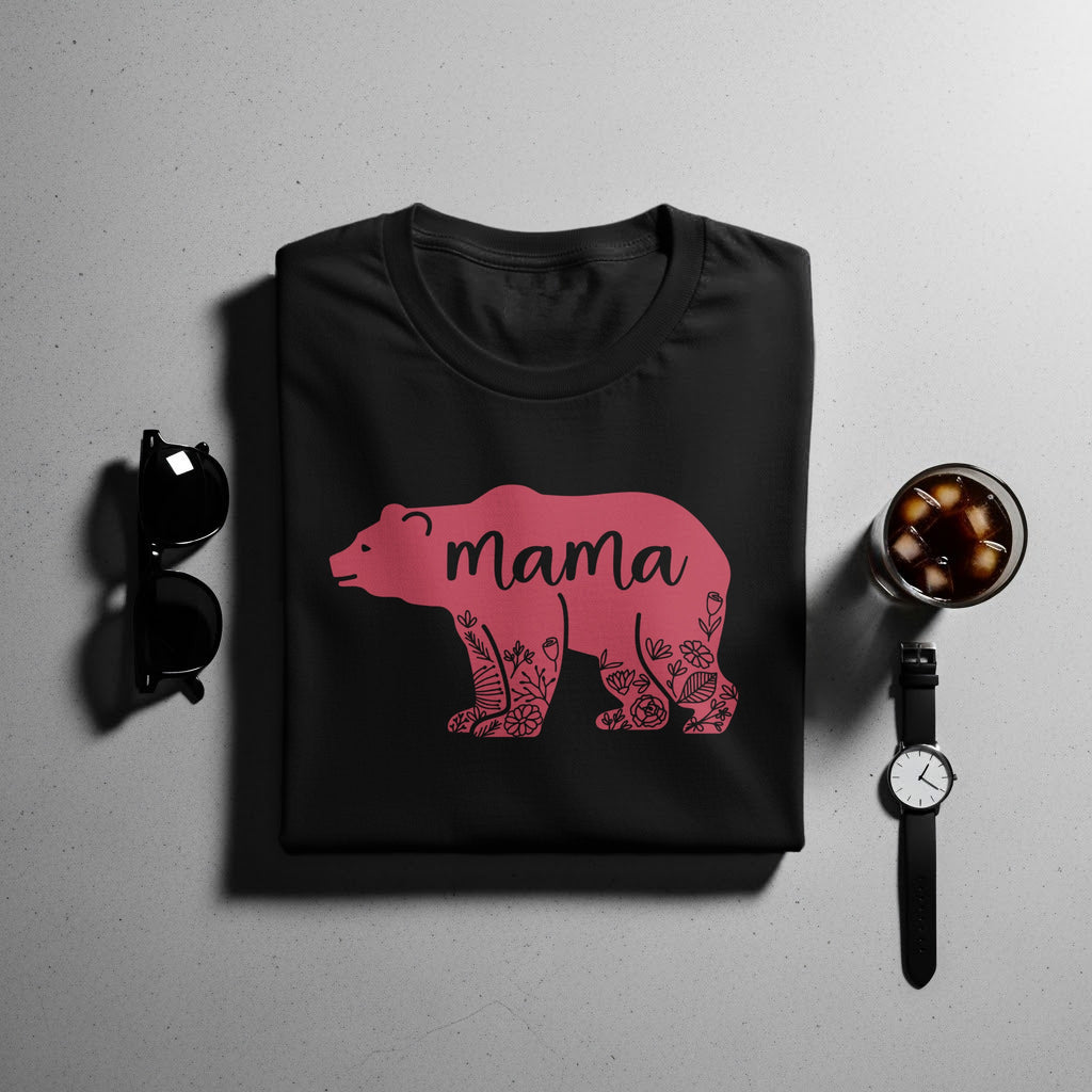 Black t-shirt with a pink floral bear graphic and the word "mama".