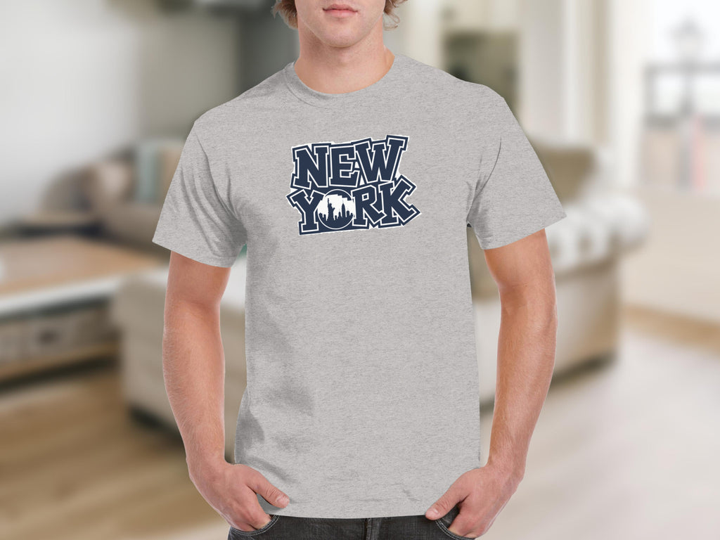 Grey t-shirt with navy blue "NEW YORK" text and skyline graphic.
