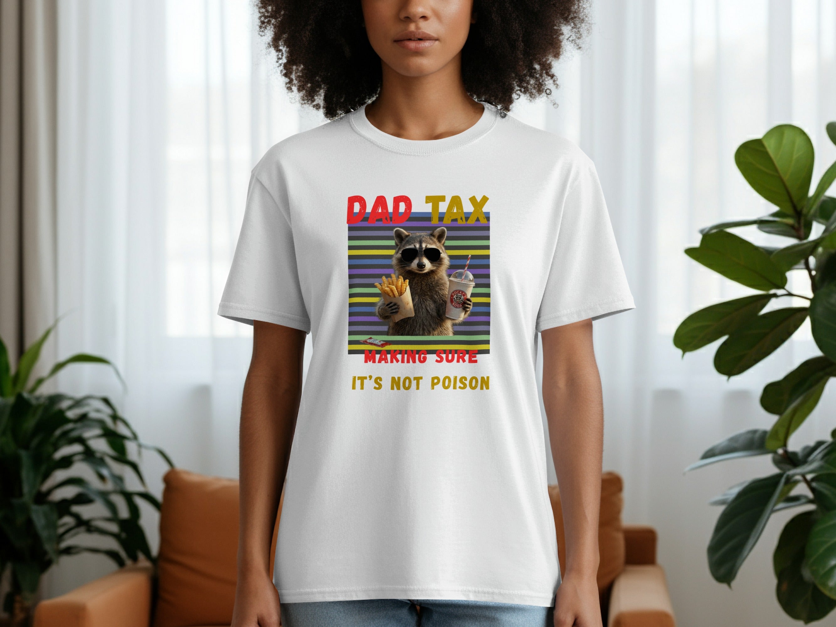 White t-shirt with raccoon wearing sunglasses, holding fries and soda, text: Dad Tax Making Sure It's Not Poison