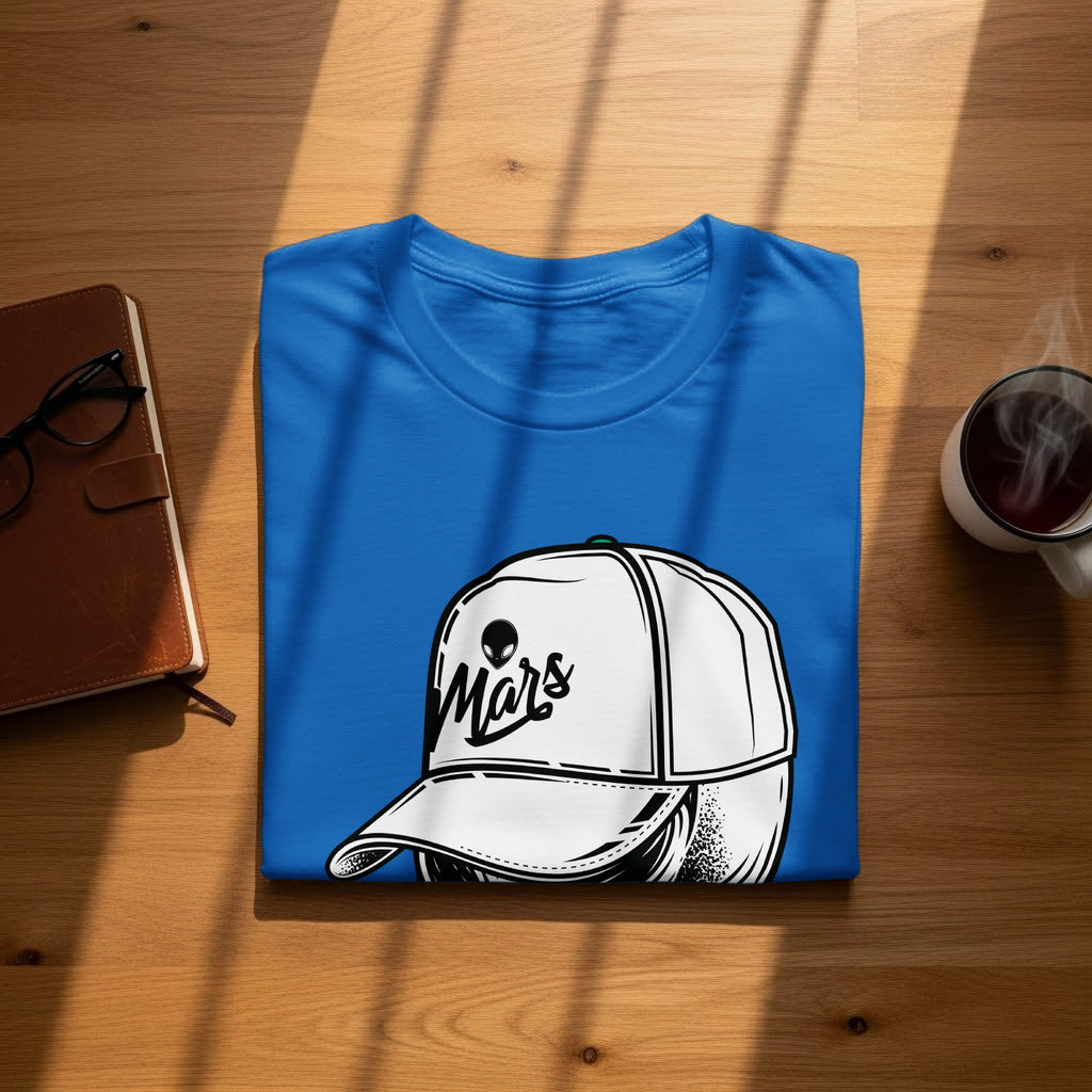 Blue t-shirt with a graphic of a person wearing a white cap with "Mars" and an alien head.