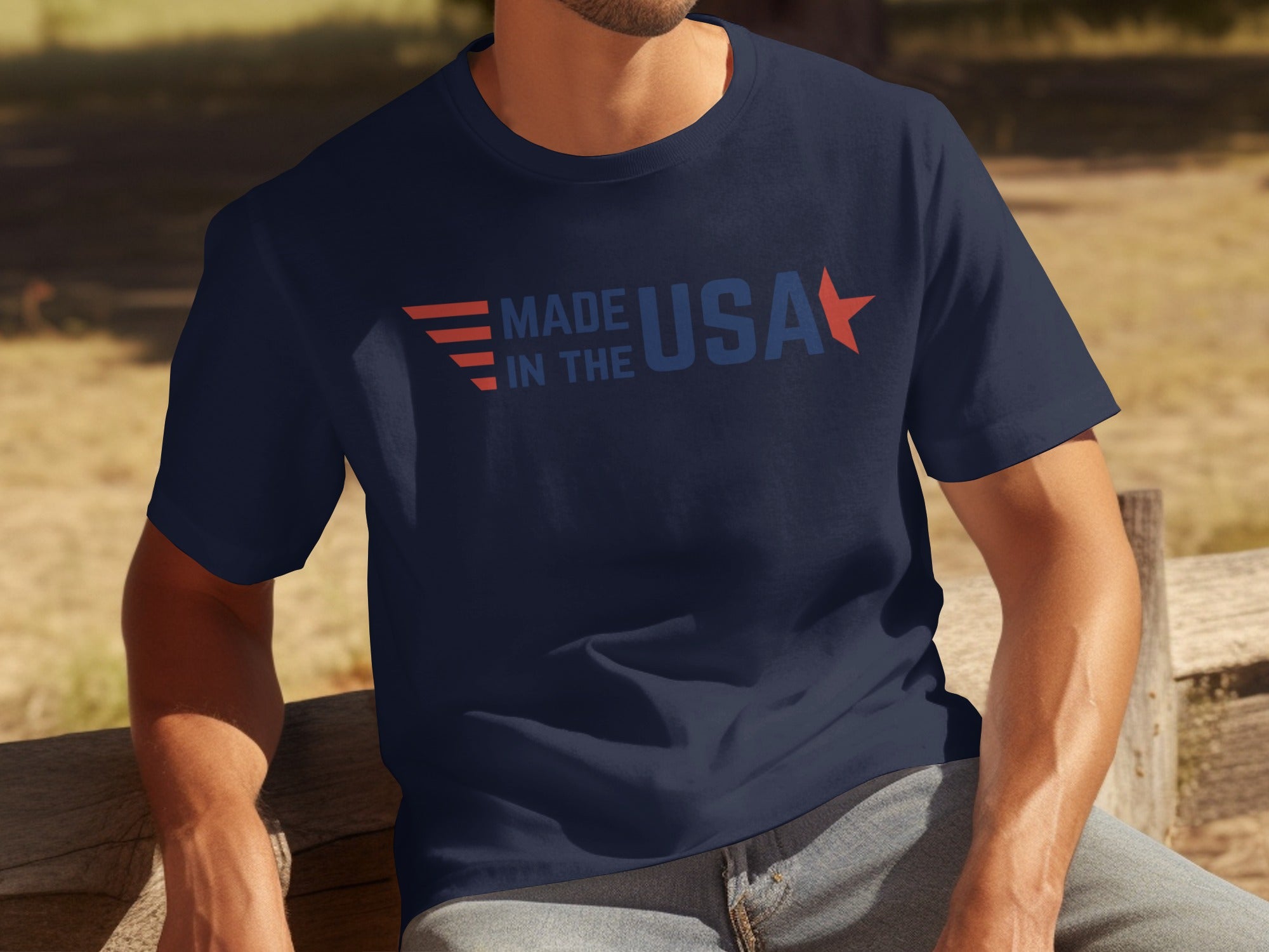 Navy t-shirt with "Made in the USA" text and a red star design.