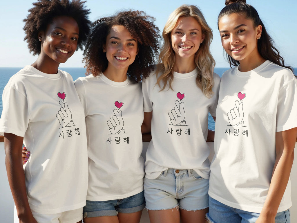 Four smiling women wear white t-shirts with a Korean heart hand gesture and text.