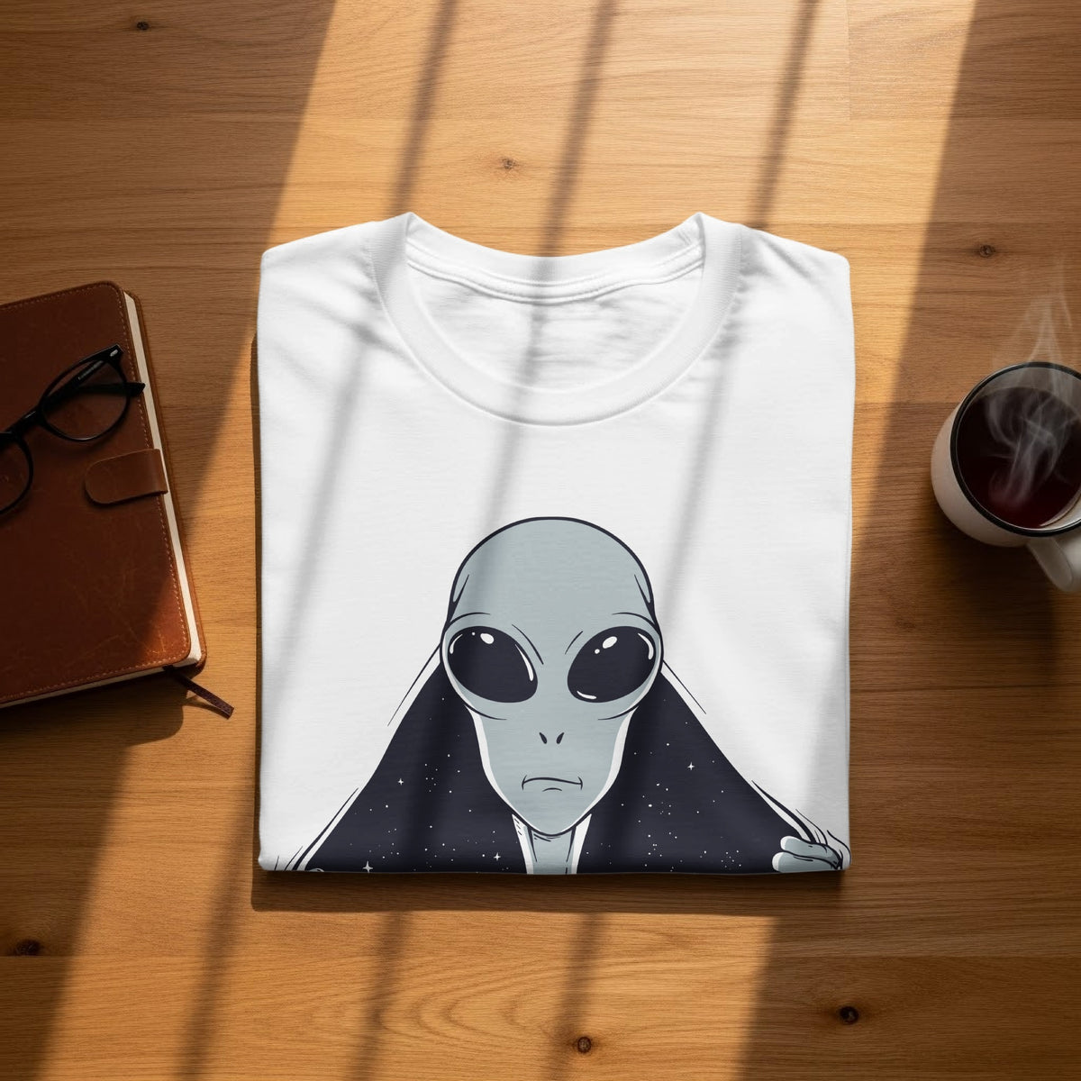 White t-shirt with a grey alien face graphic and starry background design.