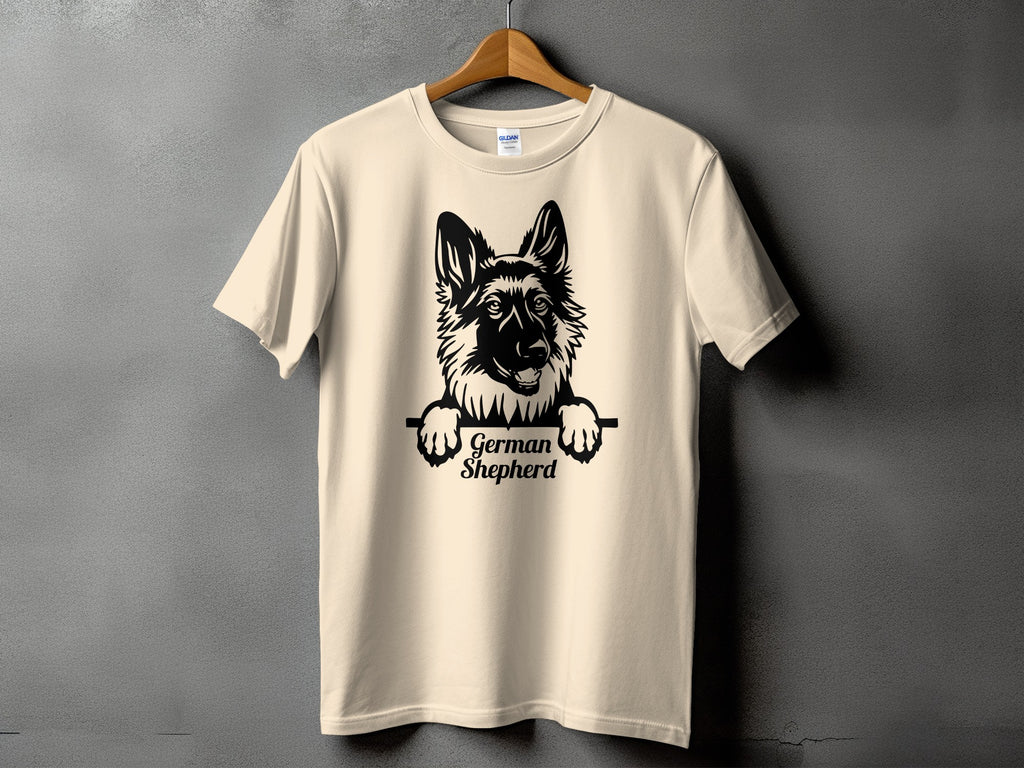 Light beige t-shirt with a black graphic of a German Shepherd's face.
