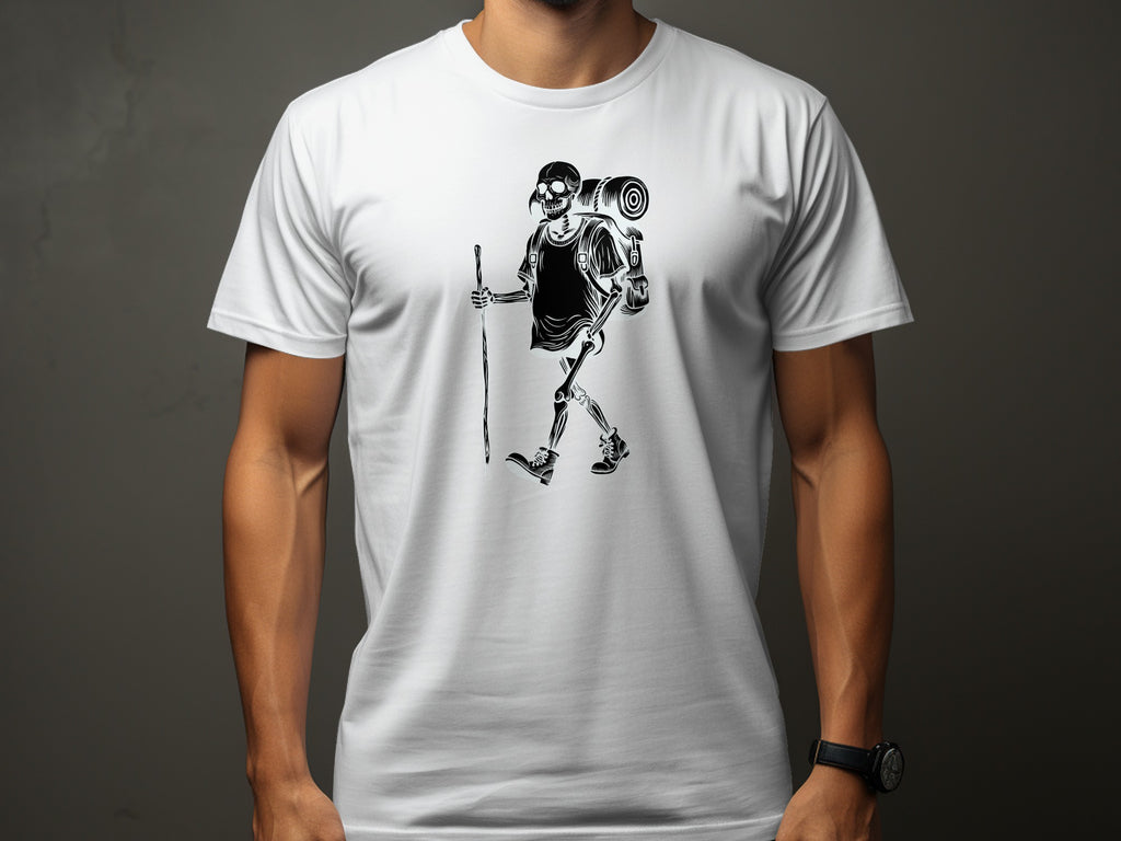 White t-shirt with black graphic of a skeleton hiker carrying a backpack.