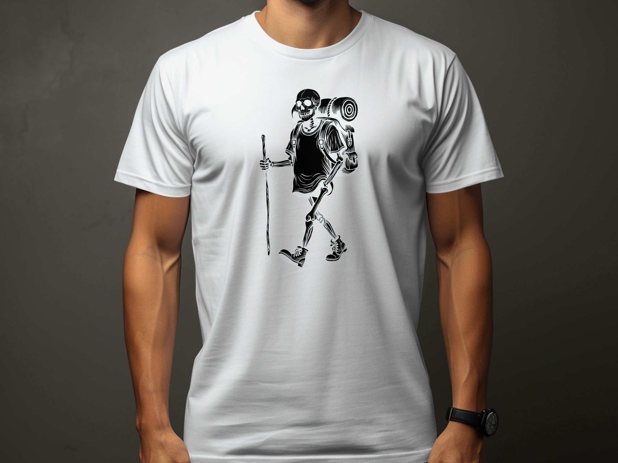 White t-shirt with black graphic of a skeleton hiker carrying a backpack.