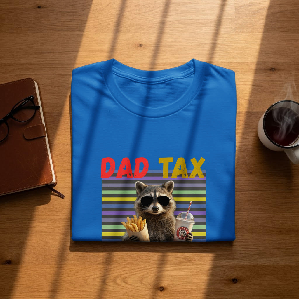 Royal blue t-shirt graphic with "DAD TAX" text and a raccoon wearing sunglasses and holding fries and a drink.