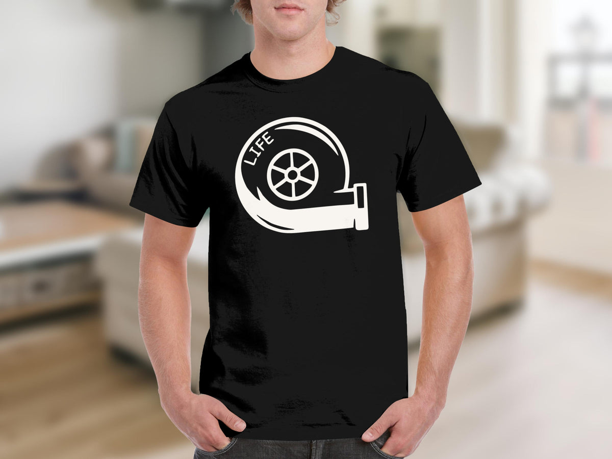 Black t-shirt with white turbocharger graphic and "LIFE" text.