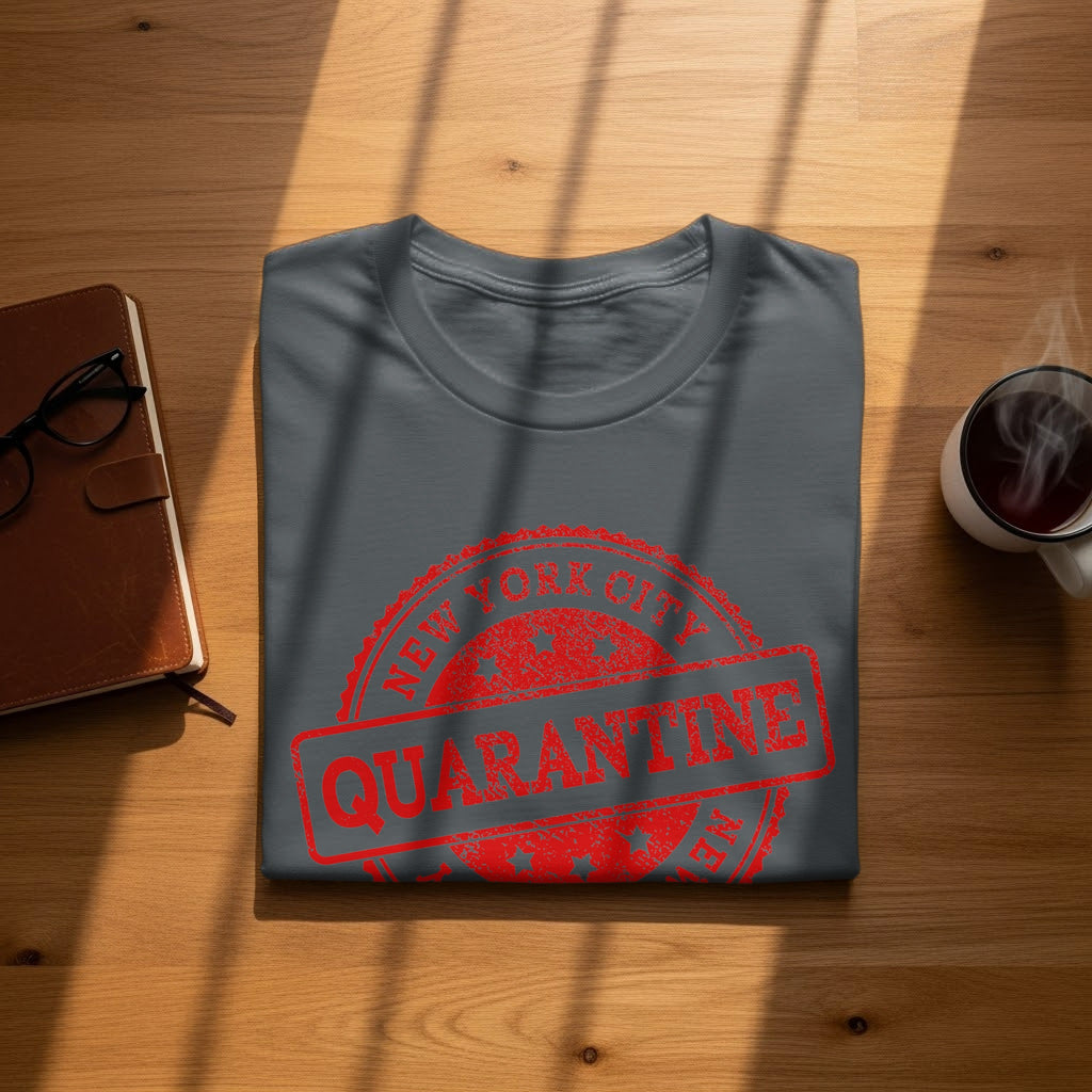 Gray t-shirt with red "New York City Quarantine" stamp design.