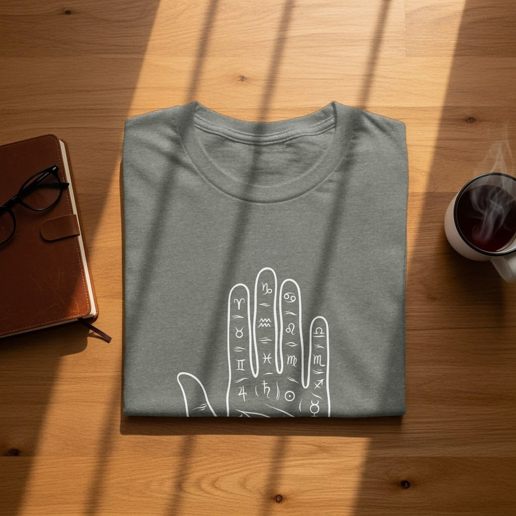 Gray t-shirt with white palmistry lines and astrological symbols.