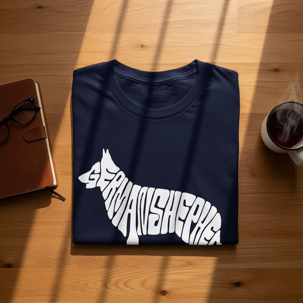 Dark blue t-shirt with white "GERMANSHEPHERD" text forming a dog outline.