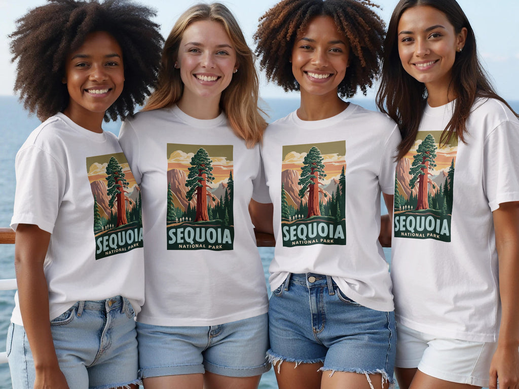 Four women wear white t-shirts featuring a Sequoia National Park graphic.