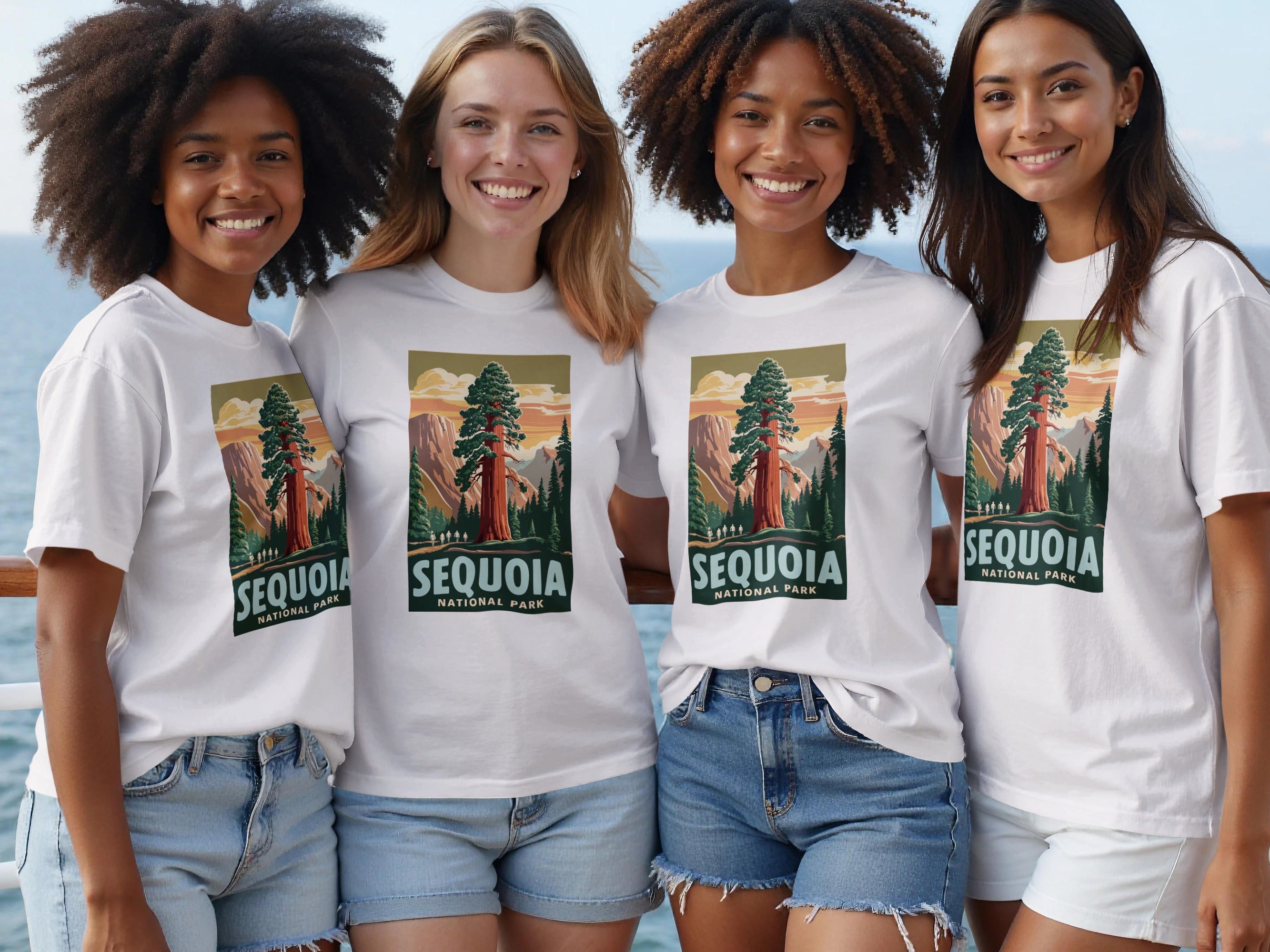 Four women wear white t-shirts featuring a Sequoia National Park graphic.