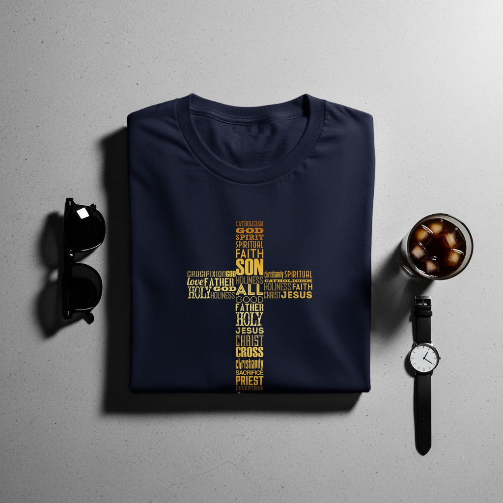Navy t-shirt with gold religious text forming a cross design.