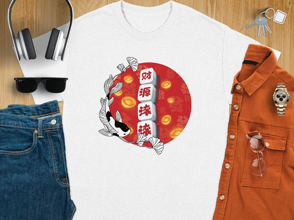 White t-shirt with a koi fish and Chinese characters on a red background.