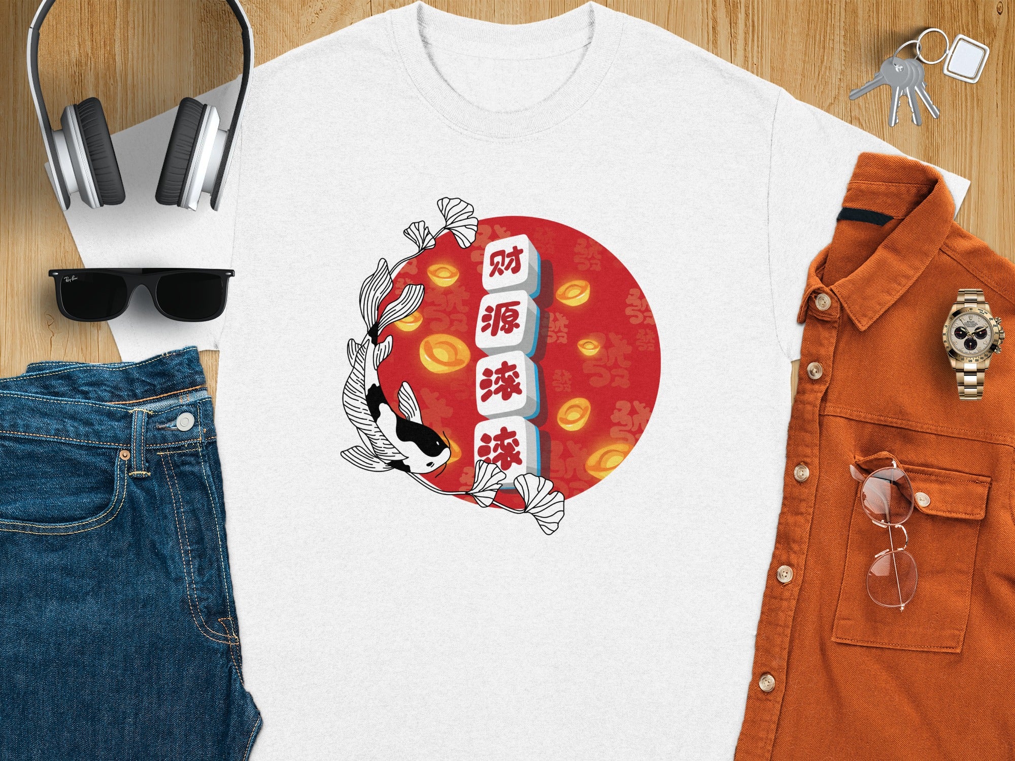 White t-shirt with a koi fish and Chinese characters on a red background.
