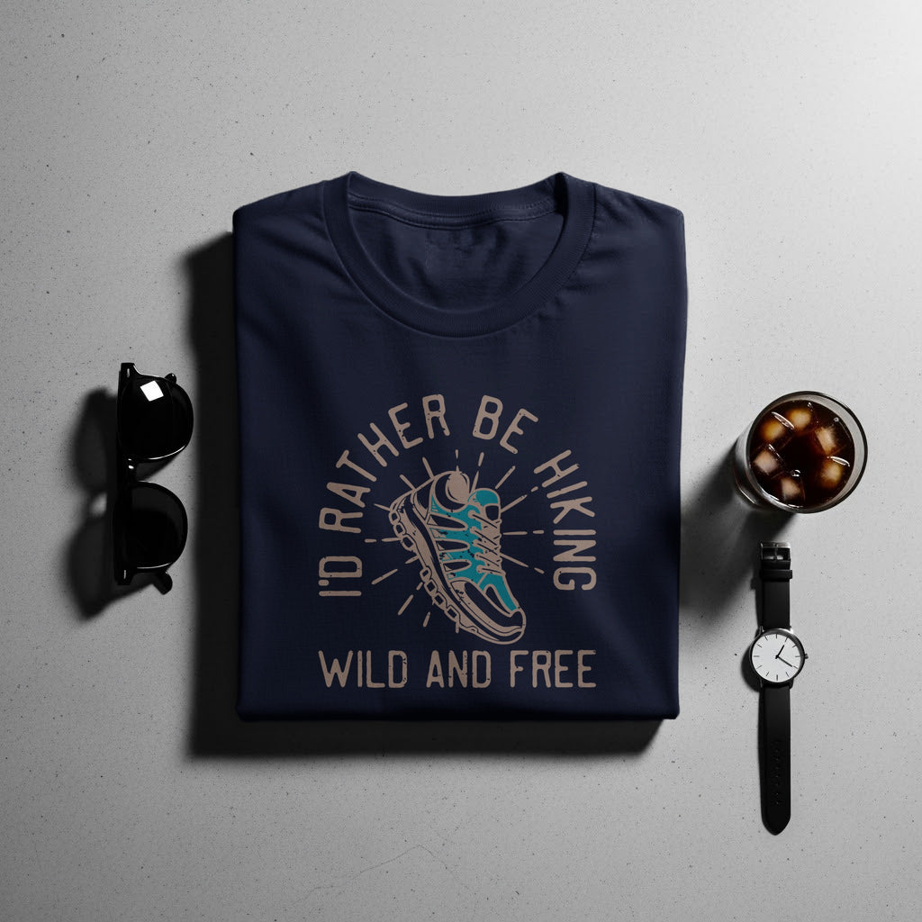 Navy t-shirt with "I'd Rather Be Hiking Wild and Free" text and boot graphic.