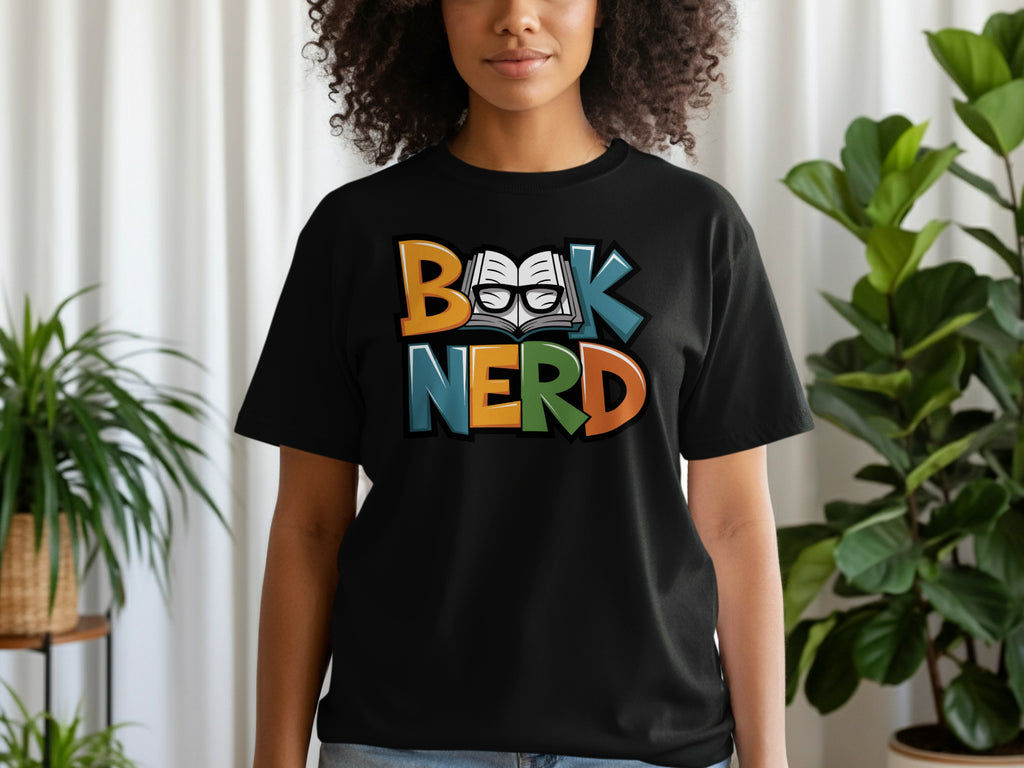 Black t-shirt with colorful "Book Nerd" text and an open book with glasses.