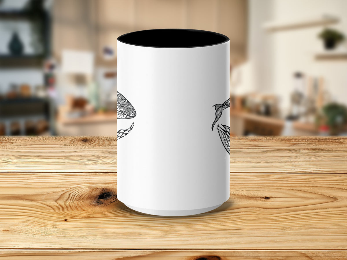 White mug with black interior featuring a black whale tail design.