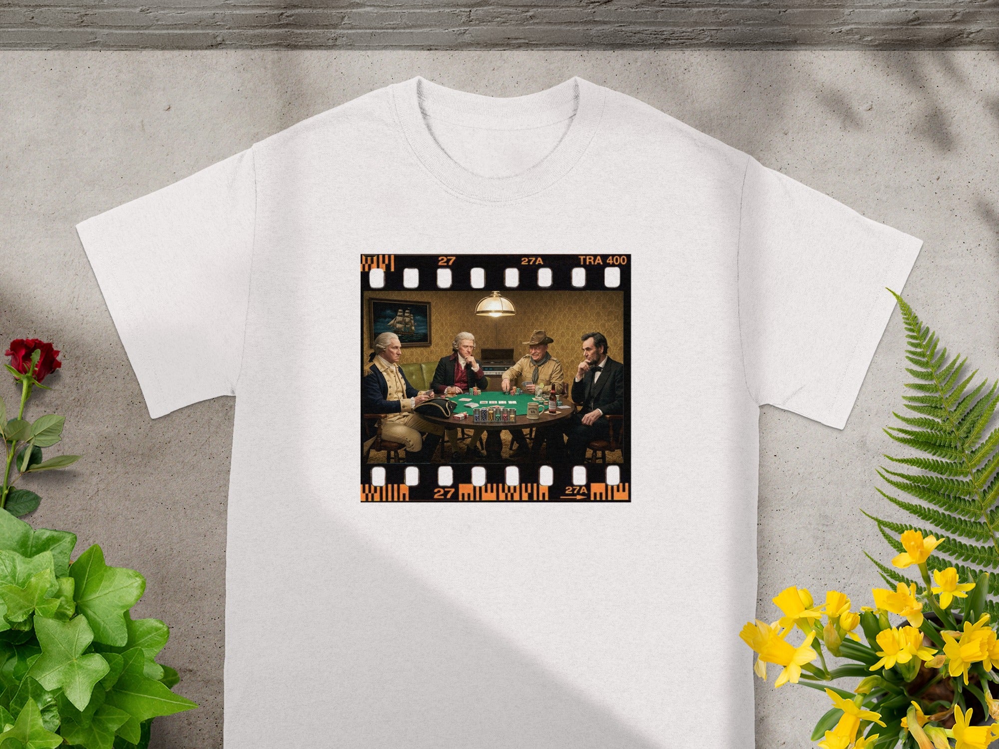 Film strip of four historical figures playing a poker game around a table.