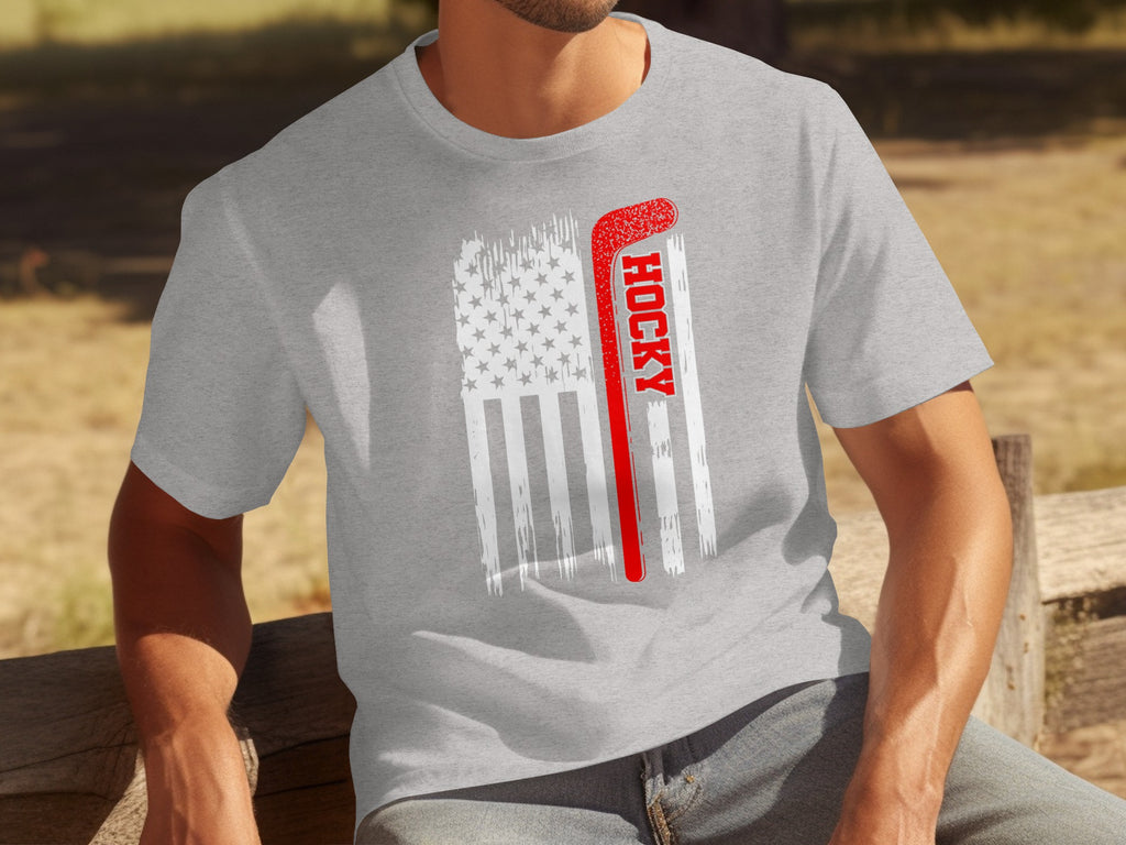 Grey t-shirt with distressed USA flag and red hockey stick graphic.