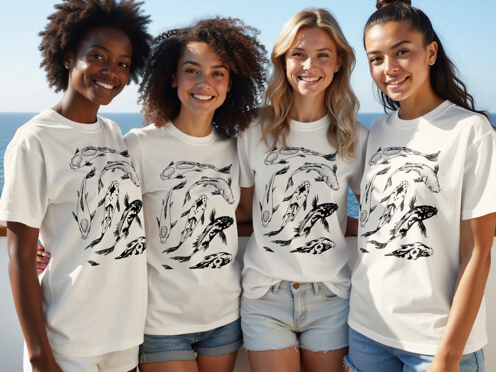 Four women modeling white t-shirts with a black koi fish graphic print.