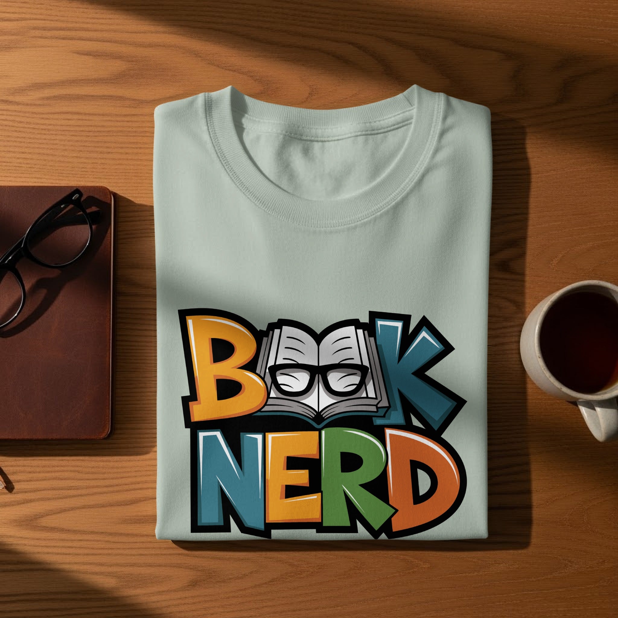 Light blue t-shirt with "Book Nerd" text and an open book wearing glasses.