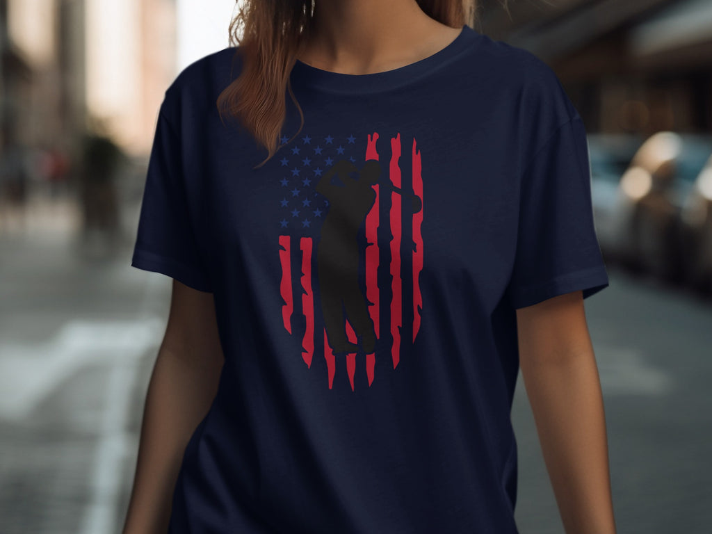 Navy t-shirt with distressed American flag and golfer silhouette graphic.