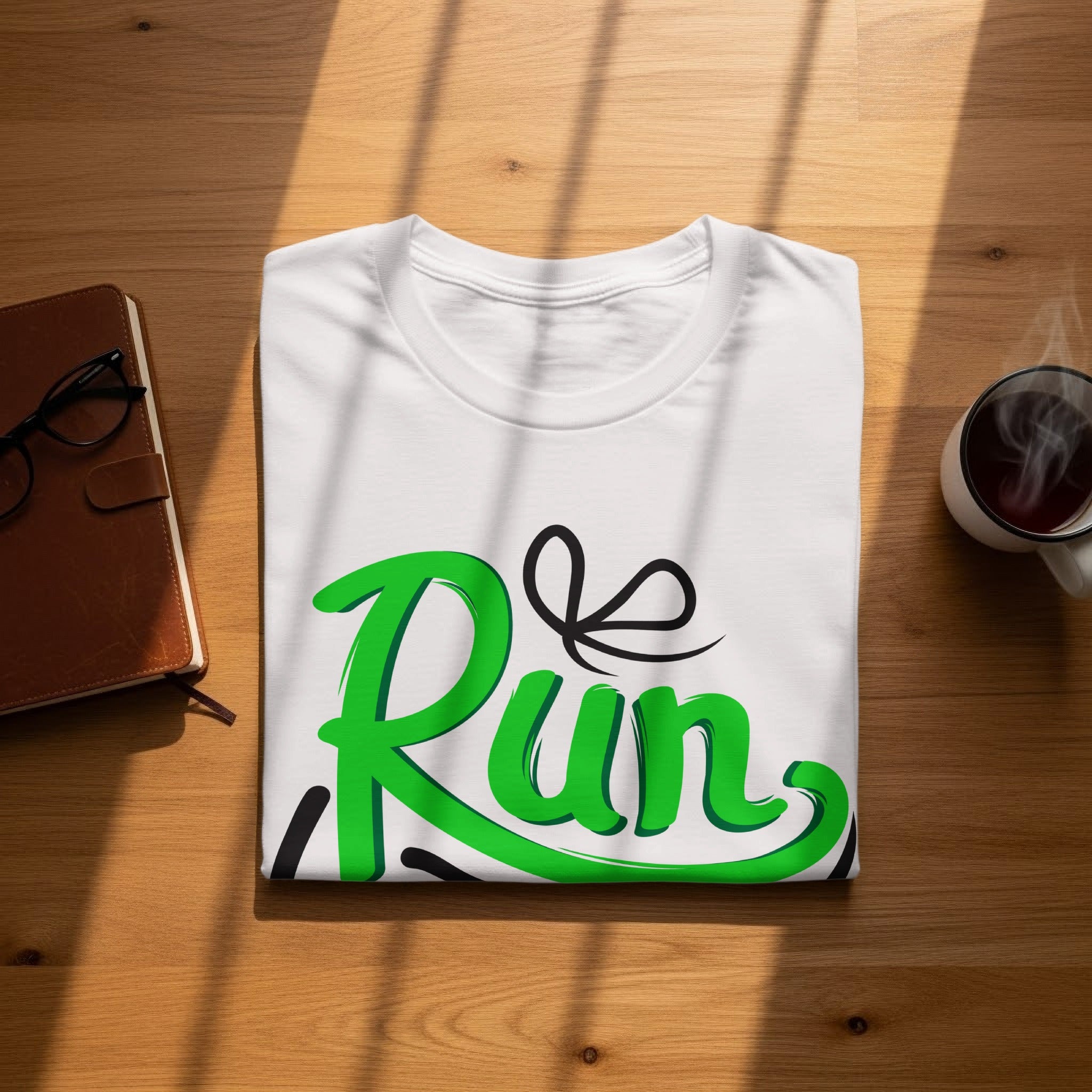 White t-shirt with green "Run" graphic and black bow detail.