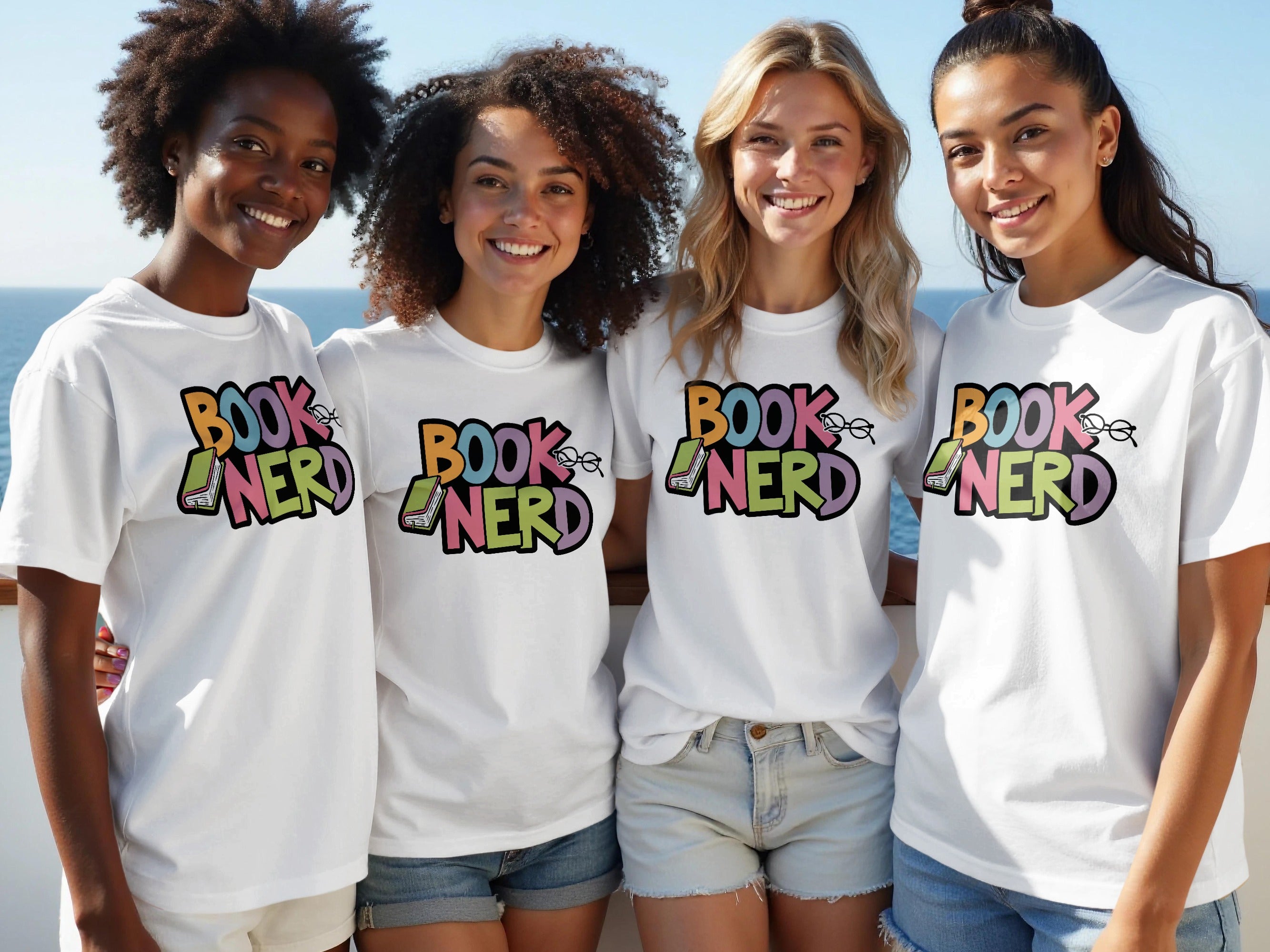 Four women wear white t-shirts with colorful "BOOK NERD" text and graphics.