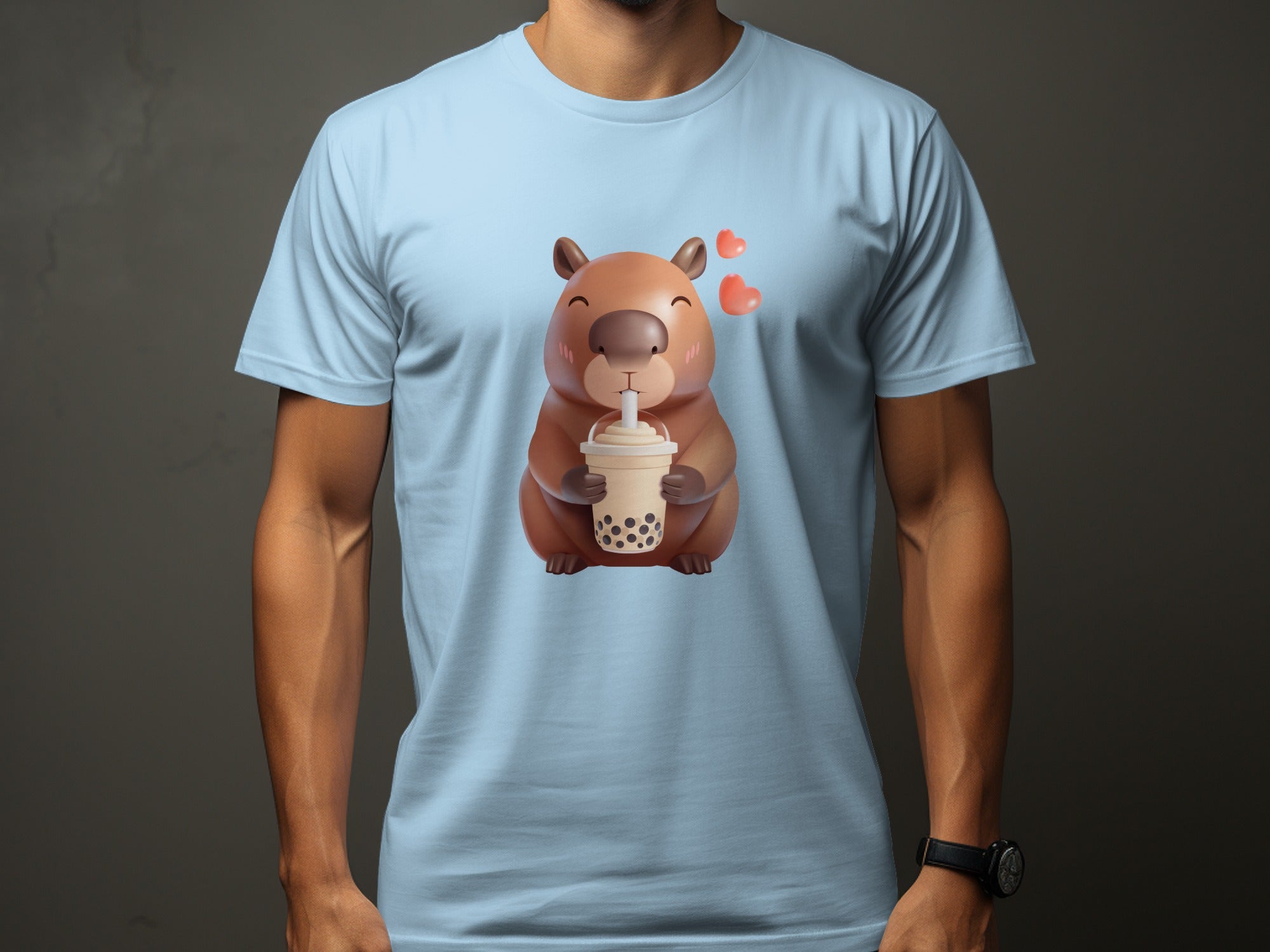 Cartoon capybara drinking bubble tea with hearts on a light blue t-shirt.