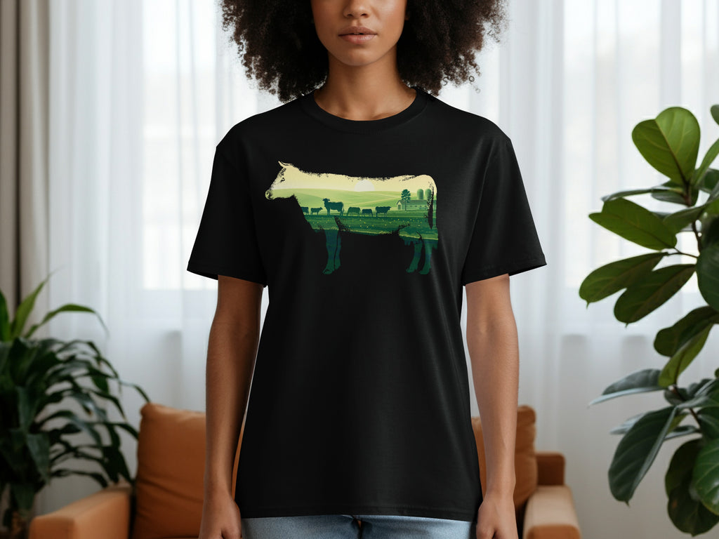 Black t-shirt with a cow silhouette filled with a pastoral landscape and farm animals.