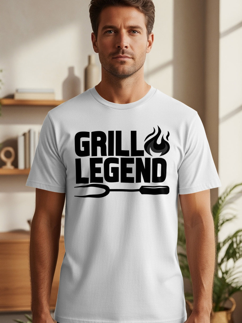 White t-shirt with black text "GRILL LEGEND" and grilling utensils graphic.