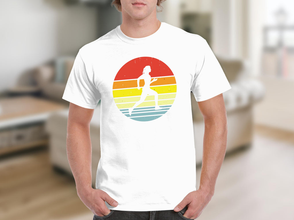White t-shirt with a distressed retro sunset circle featuring a runner silhouette.