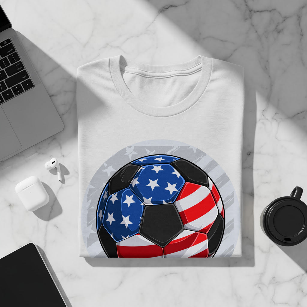 White t-shirt with a football graphic featuring American flag patterns.