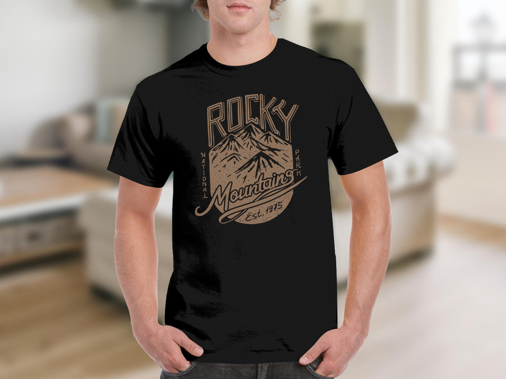 Black t-shirt with Rocky Mountains National Park Est. 1915 graphic.