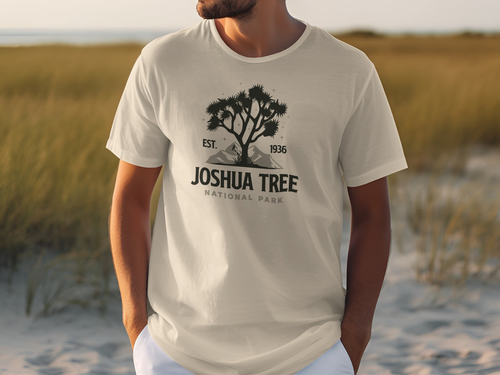 Light t-shirt with Joshua Tree National Park graphic and EST. 1936 text.