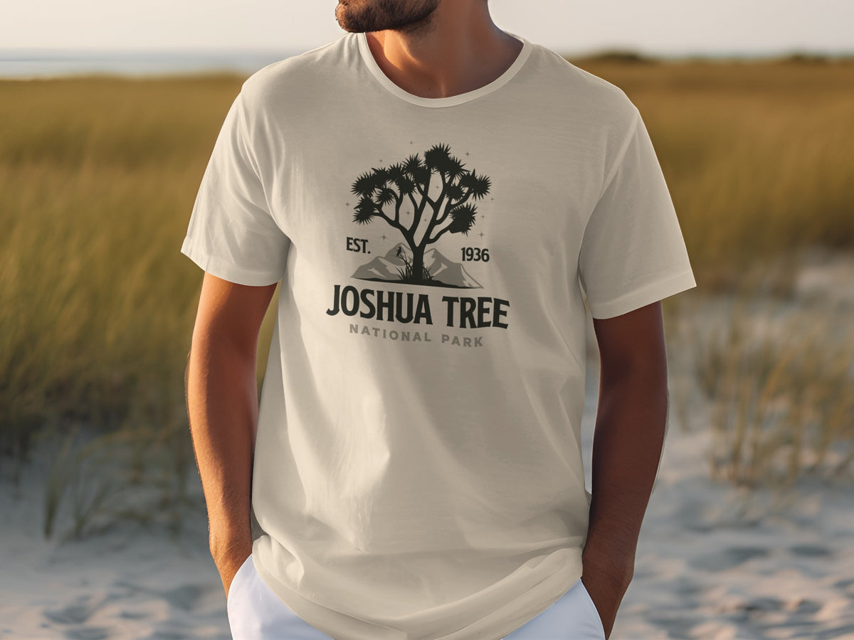 Light t-shirt with Joshua Tree National Park graphic and EST. 1936 text.