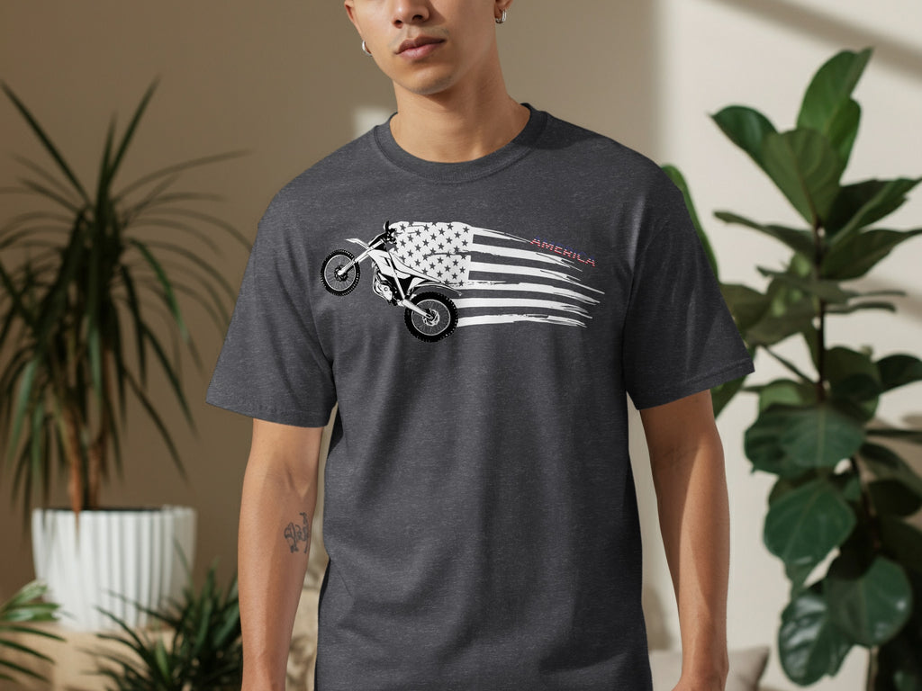 Dirt bike rider graphic on a dark grey t-shirt with distressed American flag.