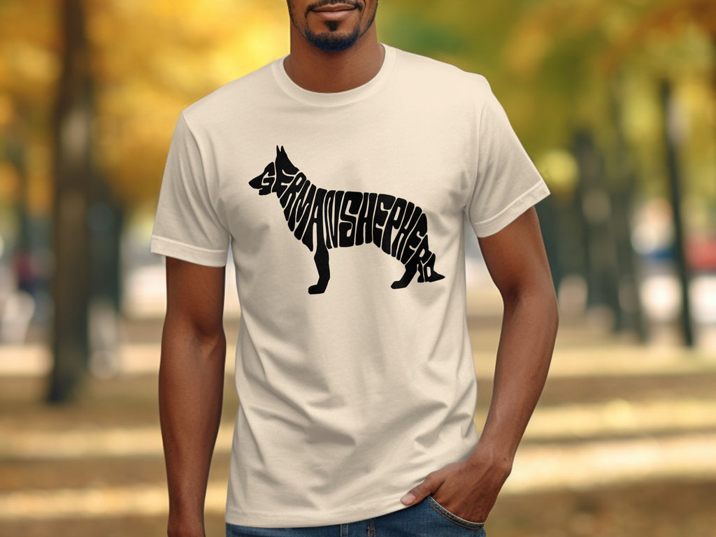 Cream t-shirt with black German Shepherd silhouette formed from text.