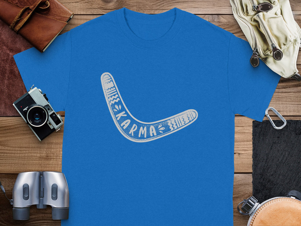 Blue t-shirt with white boomerang design and the word "Karma".