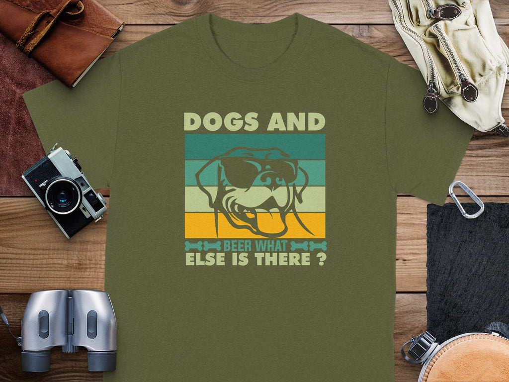 Green t-shirt with text "Dogs and Beer what else is there?" and a dog graphic.