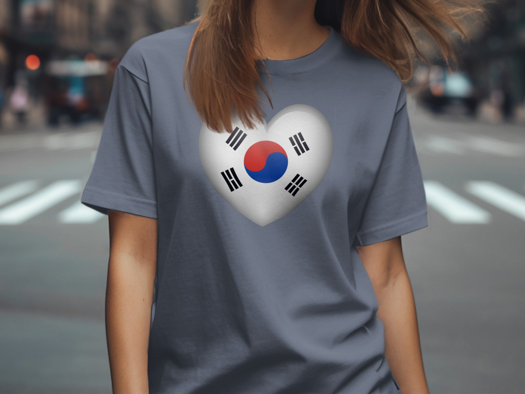 T-shirt with a heart displaying the South Korean flag on a street.