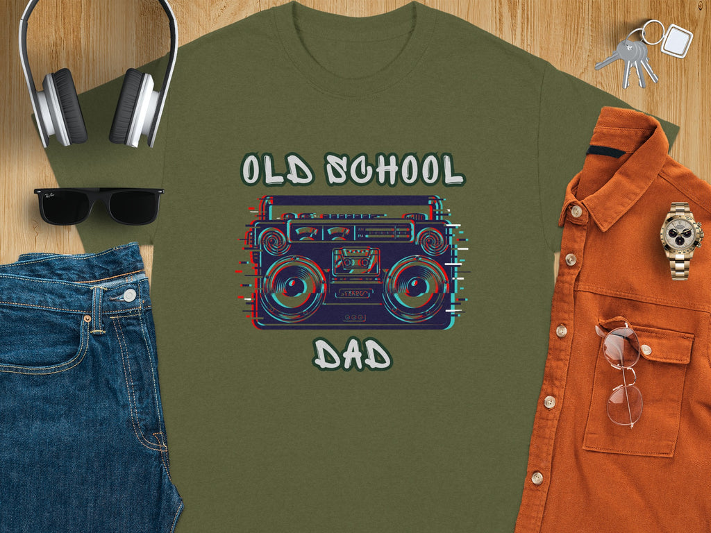 Olive t-shirt with "Old School Dad" and glitch art boombox graphic.